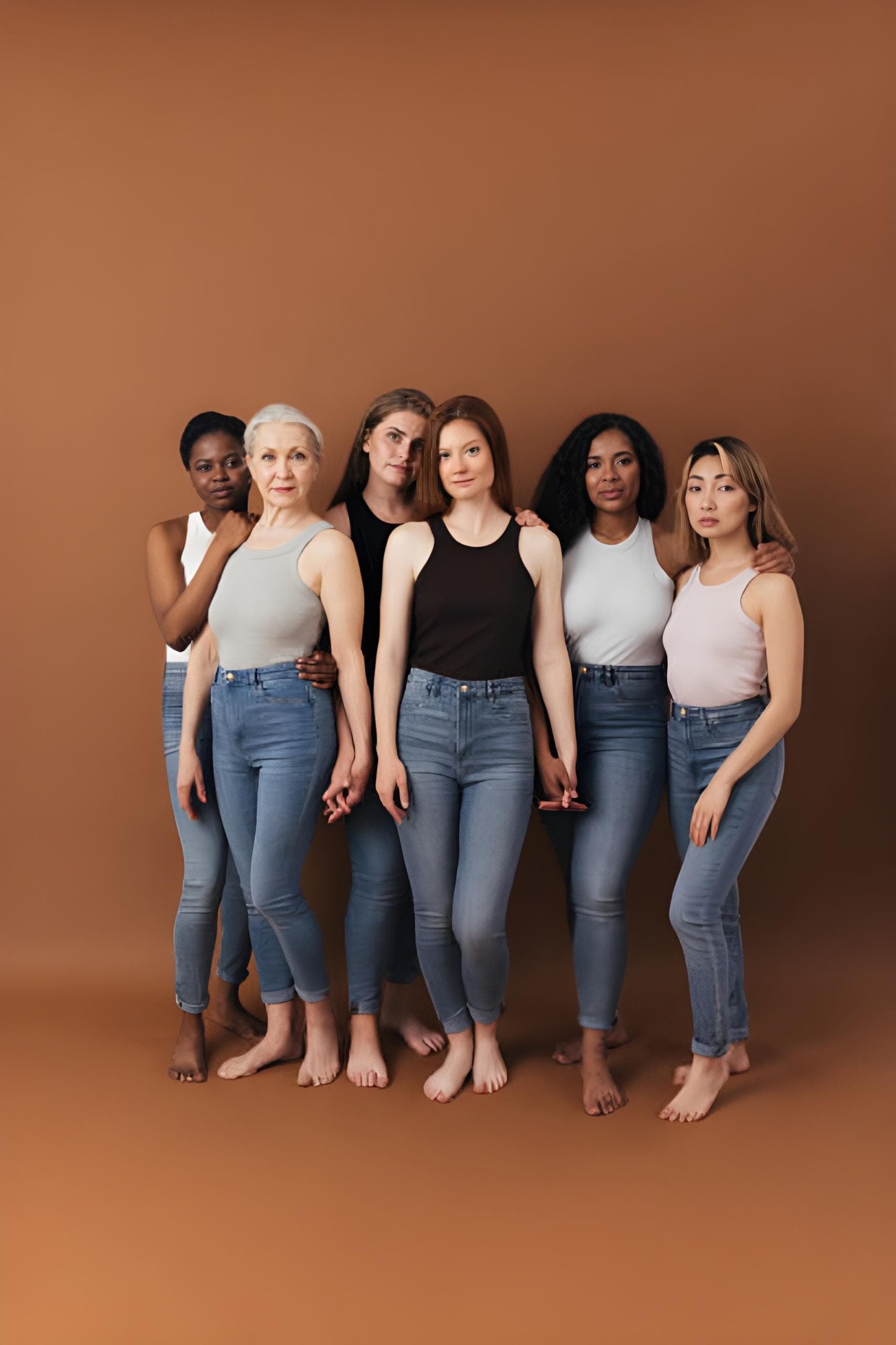 Six women standing together against a warm brown background