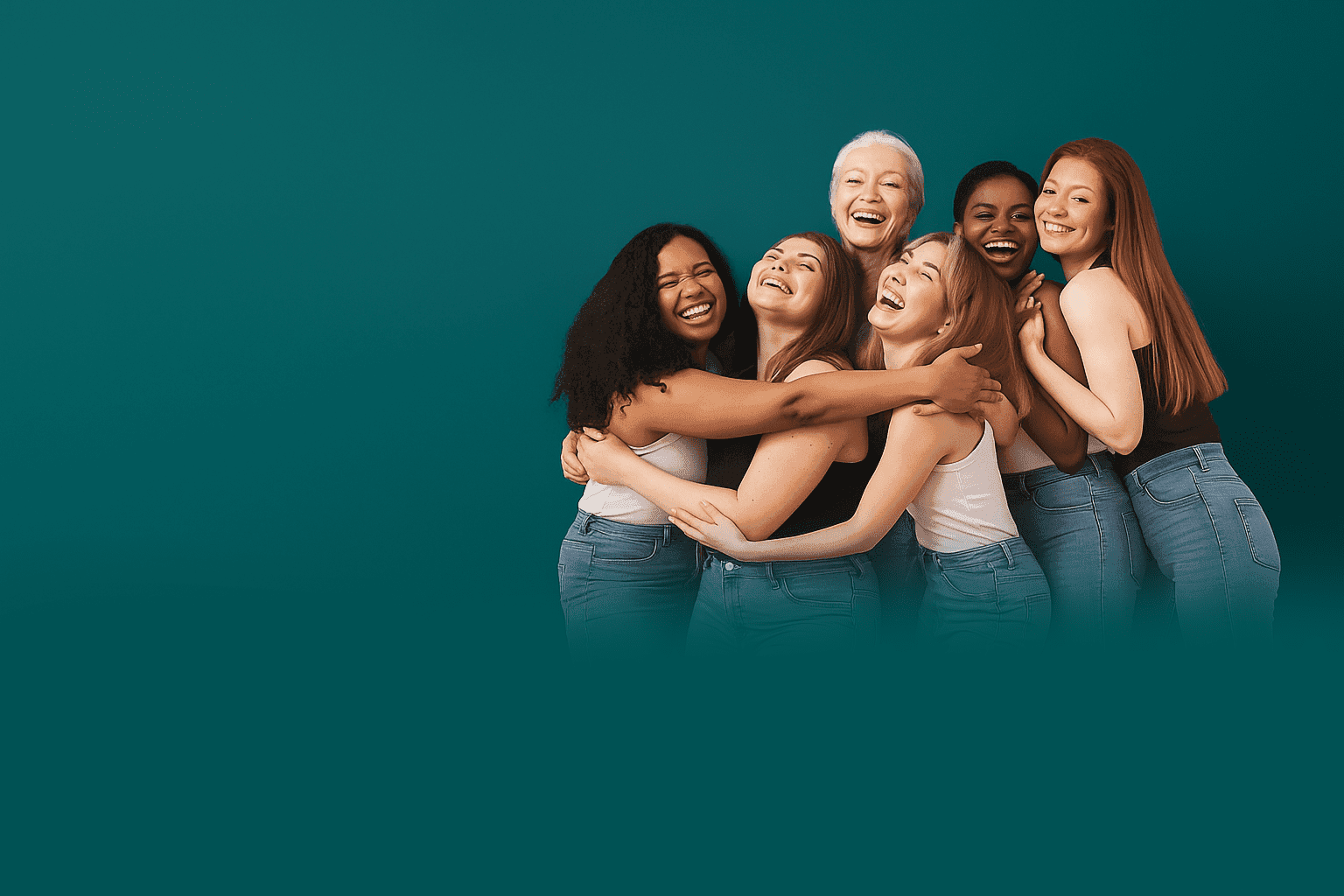 A diverse group of women laughing together